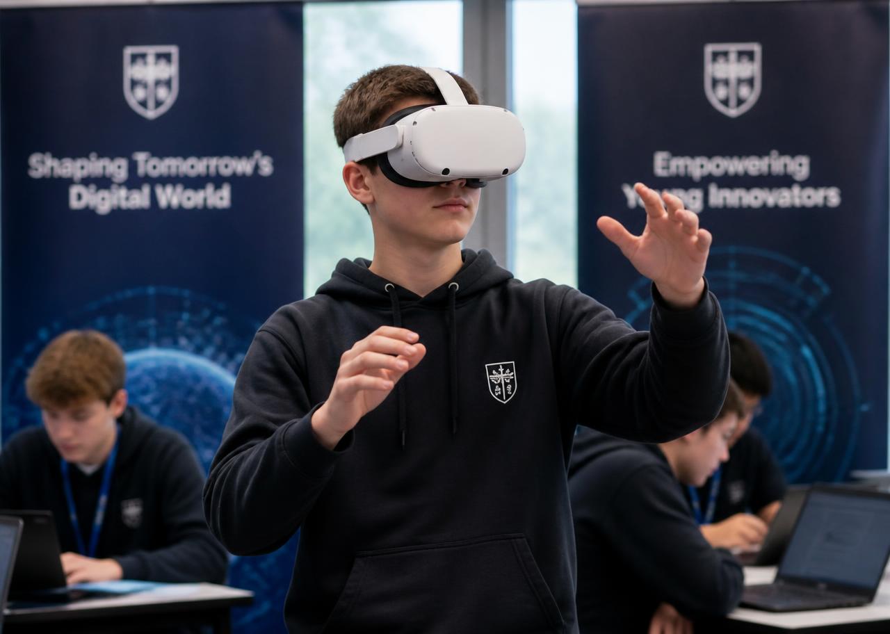 Uczeń w goglach VR podczas zajęć ETI